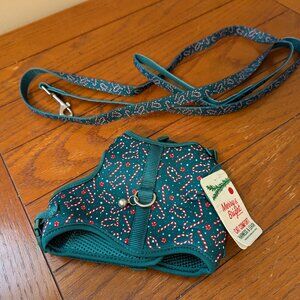 Merry & Bright Collection Cat Comfort Harness & Leash Green w/Candy Canes NEW